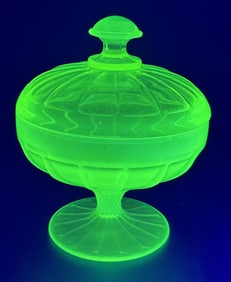 Yellow Vaseline Glass Covered Candy Dish