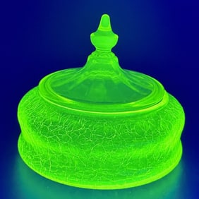 Yellow Vaseline Glass Crackle Lidded Candy Dish