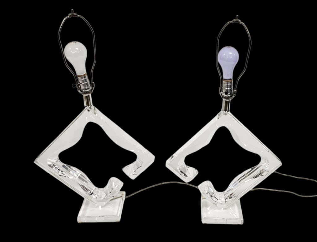 Pr Signed MCM Van Teal Lucite Table Lamps: 21 inches by 29 inches, spot on one of the bases, see photos