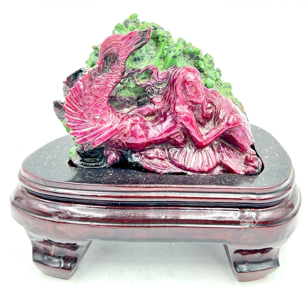 Hand Carve Indian Ruby Natural Untreated Sculpture: Mermaid with coral, 425 grams total weight, 4 inches by 2.25 inches by 3 inches, with wood base, see photos