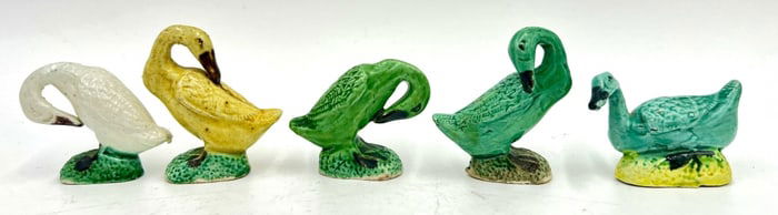 5 Handpainted Glazed Pottery Duck Figurines
