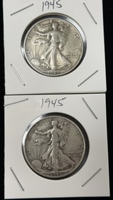 2 1945 Walking Liberty Half Dollar Coins