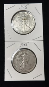 2 1945 Walking Liberty Half Dollar Coins