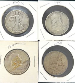 1 Walking Liberty & 3 Franklin Half Dollar Coins