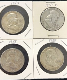 1957, 1957-D, 2 1958 Franklin Half Dollar Coins