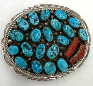 Turquoise & Coral Belt Buckle