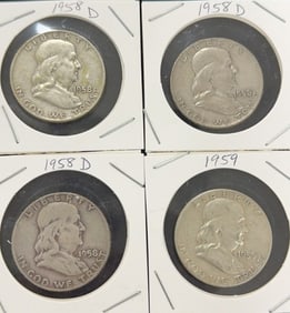 3 1958-D and 1959 Franklin Half Dollar Coins