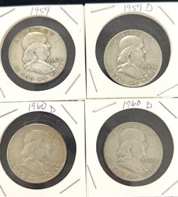 1959, 1959-D, 2 1960-D Franklin Half Dollar Coins