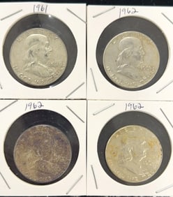 1961 and 3 1962 Franklin Half Dollar Coins