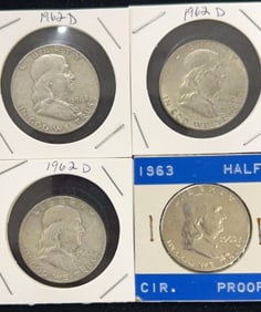 3 1962-D and 1963 Franklin Half Dollar Coins