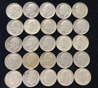 25 90% Silver Roosevelt Dime Coins
