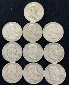 10 90% Silver Franklin Half Dollar Coins