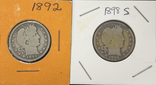 1892 and 1898-S Barber Head Quarter Dollar Coins