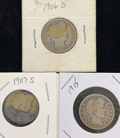 1906-D, 1907-S, 1915 Barber Quarter Dollar Coins