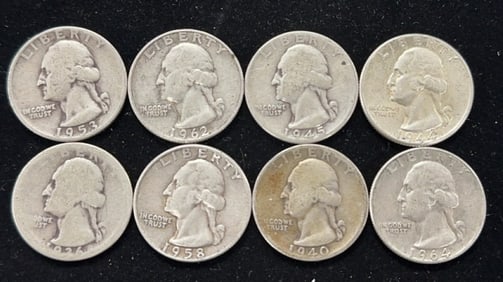 8 90% Silver Washington Quarter Dollar Coins