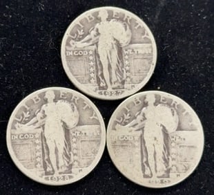 3 90% Silver Standing Liberty Quarter Dollar Coins