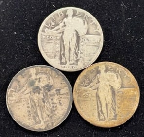3 90% Silver Standing Liberty Quarter Dollar Coins