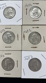 6 90% Silver Washington Quarter Dollar Coins