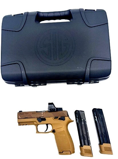 Sig Sauer P320 M18 FDE Pistol: 9mm pistol, with holographic sight, with 2 extra magazines, with hard box, see photos