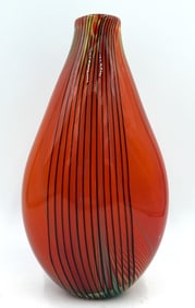 Murano Style Art Glass Teardrop Vase Red Striped