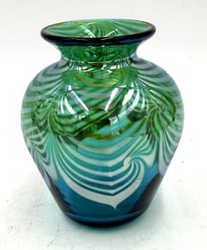 Correia Signed Iridescent Pulled Feather Art Glass