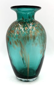 Emerald Green Art Glass Vase with Gold Aventurine
