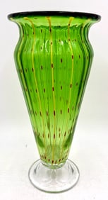 Tall Ribbed Green Art Glass Vase Yellow Stripes Re