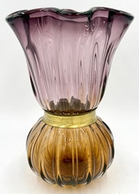 Two-Piece Fluted Art Glass Vase Amber Amethyst