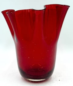 Ruby Red Hand Blown Art Glass Vase w/ Wavy Ruffle