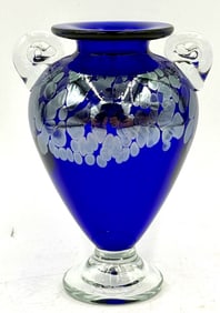 Seguso Cobalt Blue Art Glass Vase w/Clear Handles
