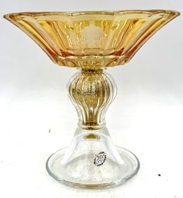 Italian Murano Style Amber Glass Compote with Gold