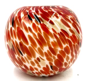Globular Art Glass Vessel with Red Orange Confetti