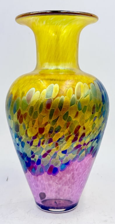 Robert Held Iridescent Art Glass Vase: A single art glass vase by Robert Held featuring an Ovoid body, flared neck, and iridescent yellow glass transitioning to variegated blue, green, and pink colors, signed R. Held Art Glass and bearing