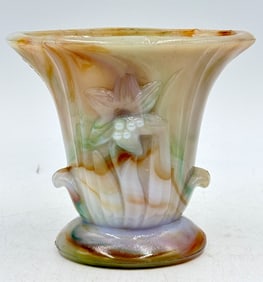 Akro Agate Slag Glass Lily Vase Orange White Green