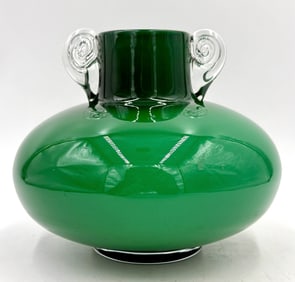 Deep Green Glass Vase with Applied Swirl Handles