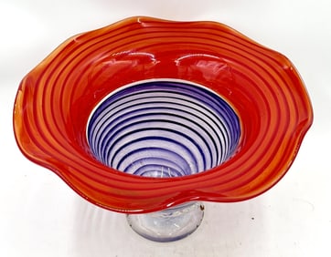 Large Footed Art Glass Vase Red Ruffled Rim