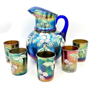 Fenton Blue Carnival Glass Enameled Cherries Water