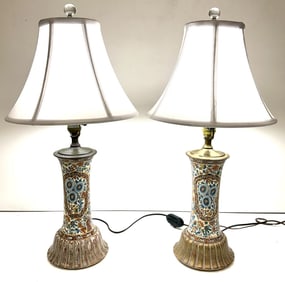 Pair of Large Polychrome Floral Table Lamps