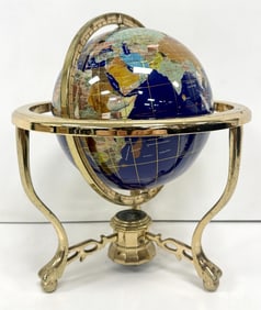 Unique Art Lapis Gemstone World Globe Brass Stand