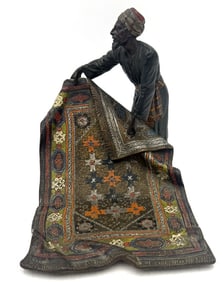 Cold-Painted Metal Figural Statue Man & Carpet