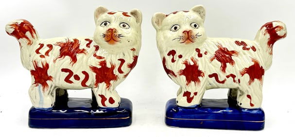 Pair of Staffordshire Ceramic Cats, Red and Cream
