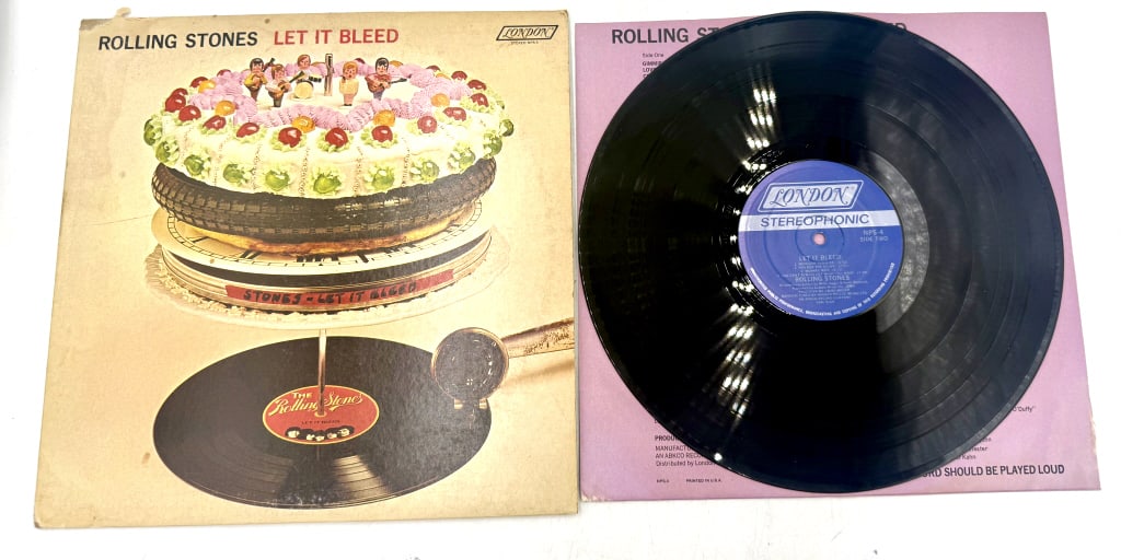 The Rolling Stones Let It Bleed LondonStereophonic: A single black vinyl LP record, The Rolling Stones Let It Bleed, featuring the LONDON STEROPHONIC label, catalog number NPS-4, and housed in a tan and pink sleeve with PR-C runout etchings.