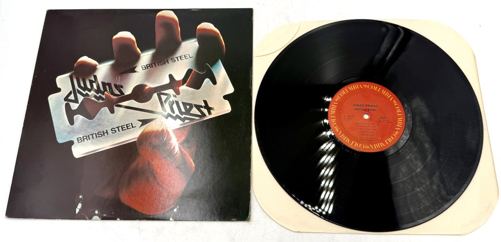 Judas Priest British Steel 1980 Columbia Vinyl LP: A black vinyl LP record of Judas Priest's 1980 album British Steel, featuring tracks including Breaking the Law, produced by Tom Allom for COLUMBIA/CBS Records, bearing catalog numbers AL 36443/BL 364