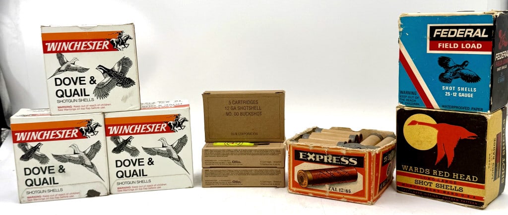 A Collection of Seven Assorted Vintage Shotgun She: Row 1: 4 items; Row 2: 3 items; Total count: 4 + 3 = 7 items; A Collection of seven assorted boxes of shotgun shells, including three Winchester Dove & Quail boxes, one Olin 12 GA NO. 00 BUCKSHOT box,