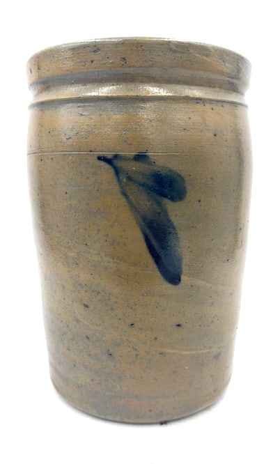 Antique American Salt-Glazed Stoneware Crock: Cobalt blue Dropped feather motif, 8.25 inches by 5.375 inches, unmarked, has hairline crack on rim, see photos