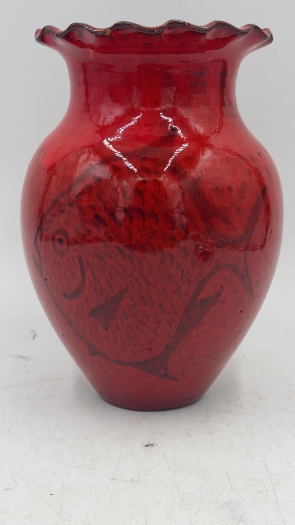 Roger Corn Ruffled Rim Fish Glazed Stoneware Vase (1 of 4)