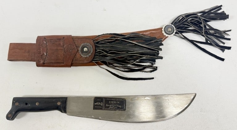 Vintage La Marca Corneta Machete: With Original Leather Sheath, marked, see photos