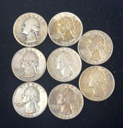 8 90% Silver Washington Quarter Dollar Coins (1 of 2)