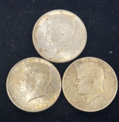 3 - 90% Silver 1964 Kennedy Half Dollar Coins: Approximately 1.3 oz., see photos