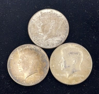 3 - 90% Silver 1964 Kennedy Half Dollar Coins: Approximately 1.3 oz., see photos